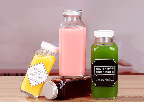 Plastic Cap Square Glass Juice Bottles Strong Sealing Coffee Packing