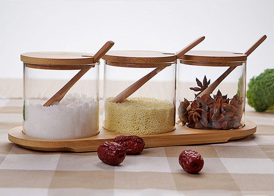 Seasonings Transparent Glass Jars Flavor Bottle Set With Wooden Spoon Tray