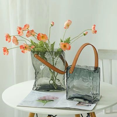 Nordic Ins Clear Purse Vase Handbag Shape Flower Glass Vase Decor with Leather Handles