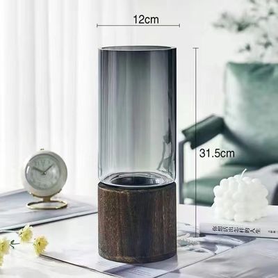 Aesthetic Wood Glass Vase Wood Base Cylindrical Blossom Vessel Bedroom Kitchen Living Room Centerpieces Office Desk