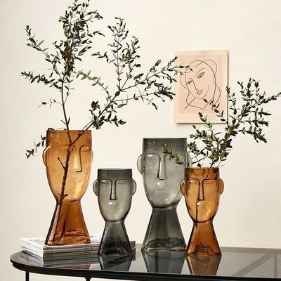 H24cm Unique Modern Transparent Face Glass Vase for Holding Flowers Office Home Living Decor Display