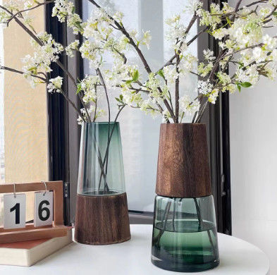 H28cm Glass Vase Modern Home Decor Living Room Office Centerpiece Wooden Base