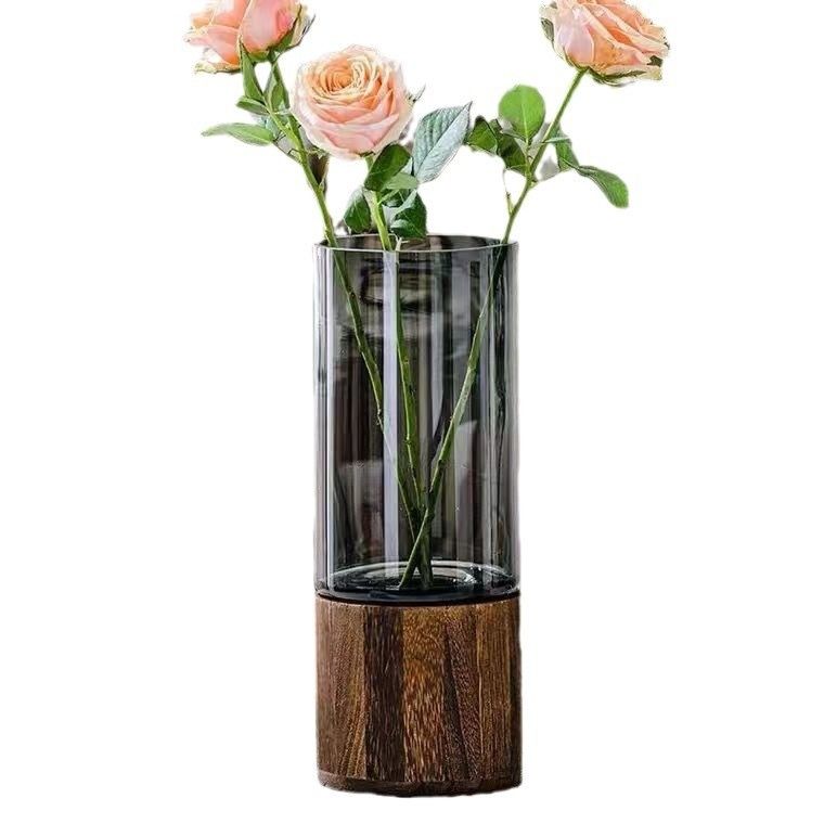 Aesthetic Wood Glass Vase Wood Base Cylindrical Blossom Vessel Bedroom Kitchen Living Room Centerpieces Office Desk