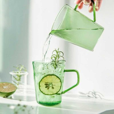 Summer Green Amber High Borosilicate Glass Cup 420ml With Handle