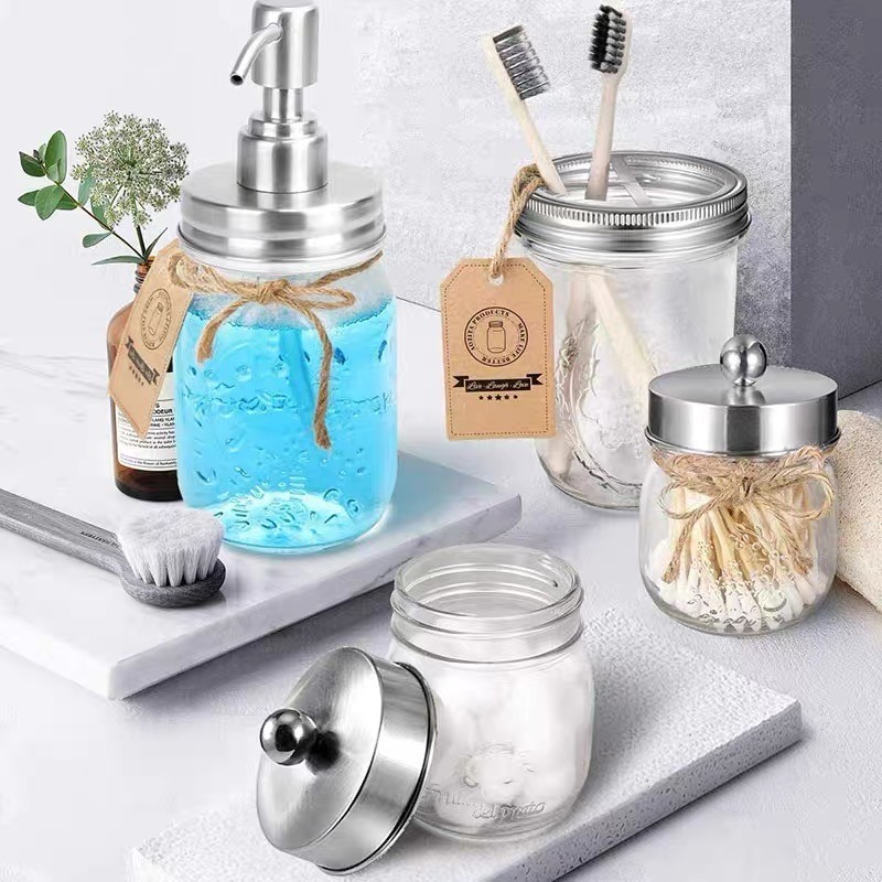 Bathroom 16OZ Refillable Glass Soap Dispenser With Pump Stainless Steel