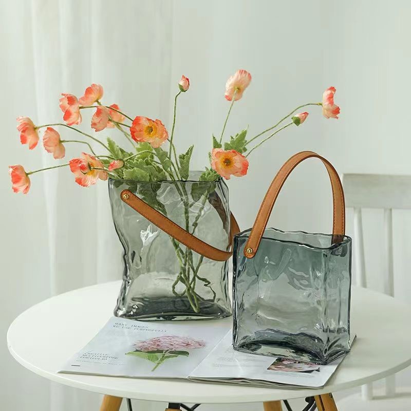 Nordic Ins Clear Purse Vase Handbag Shape Flower Glass Vase Decor with Leather Handles