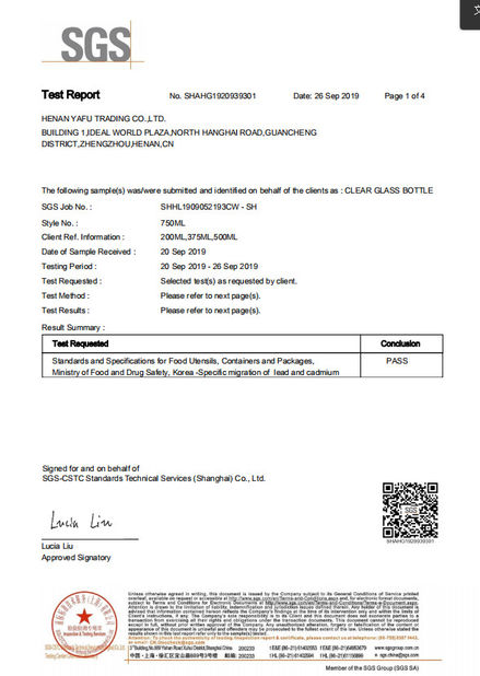 China China Yafu Glassware Co., Ltd. Certification